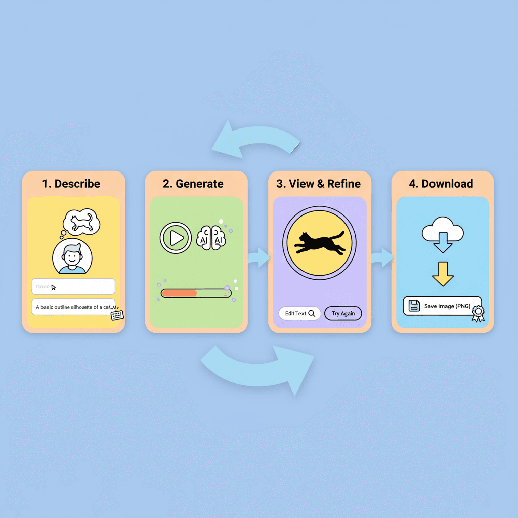 "Langkah-langkah penggunaan untuk membuat seni siluet dengan alat AI: proses sederhana dengan latar belakang kuning cerah dan siluet hitam pekat."