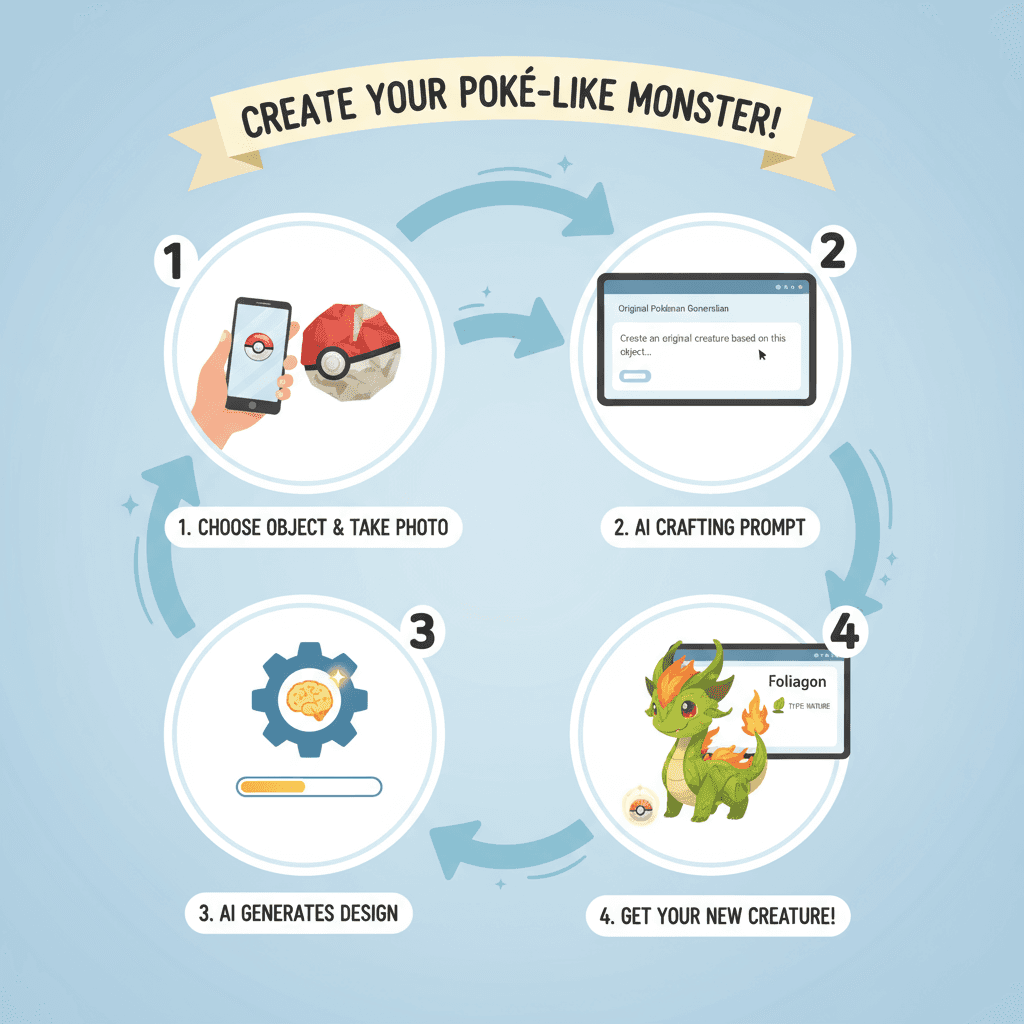مخطط يوضح خطوات الاستخدام لأداة الذكاء الاصطناعي في إنشاء مخلوقات مستوحاة من البوكيمون الأصلية بسهولة.