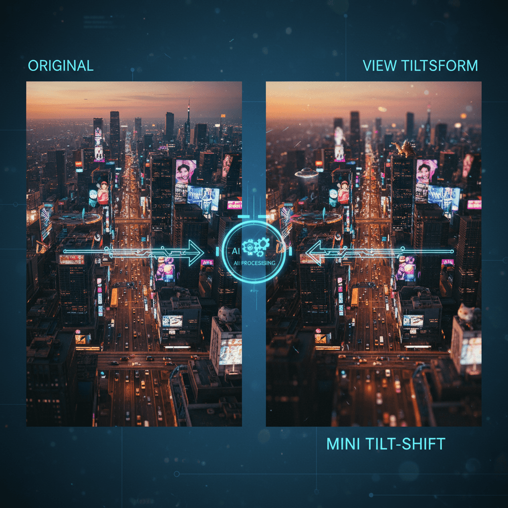 미니어처 사이버펑크 틸트-쉬프트 풍경: 영화 같은 조명이 있는 생생하고 세밀한 미니어처 세계의 AI 생성 위에서 내려다본 모습.