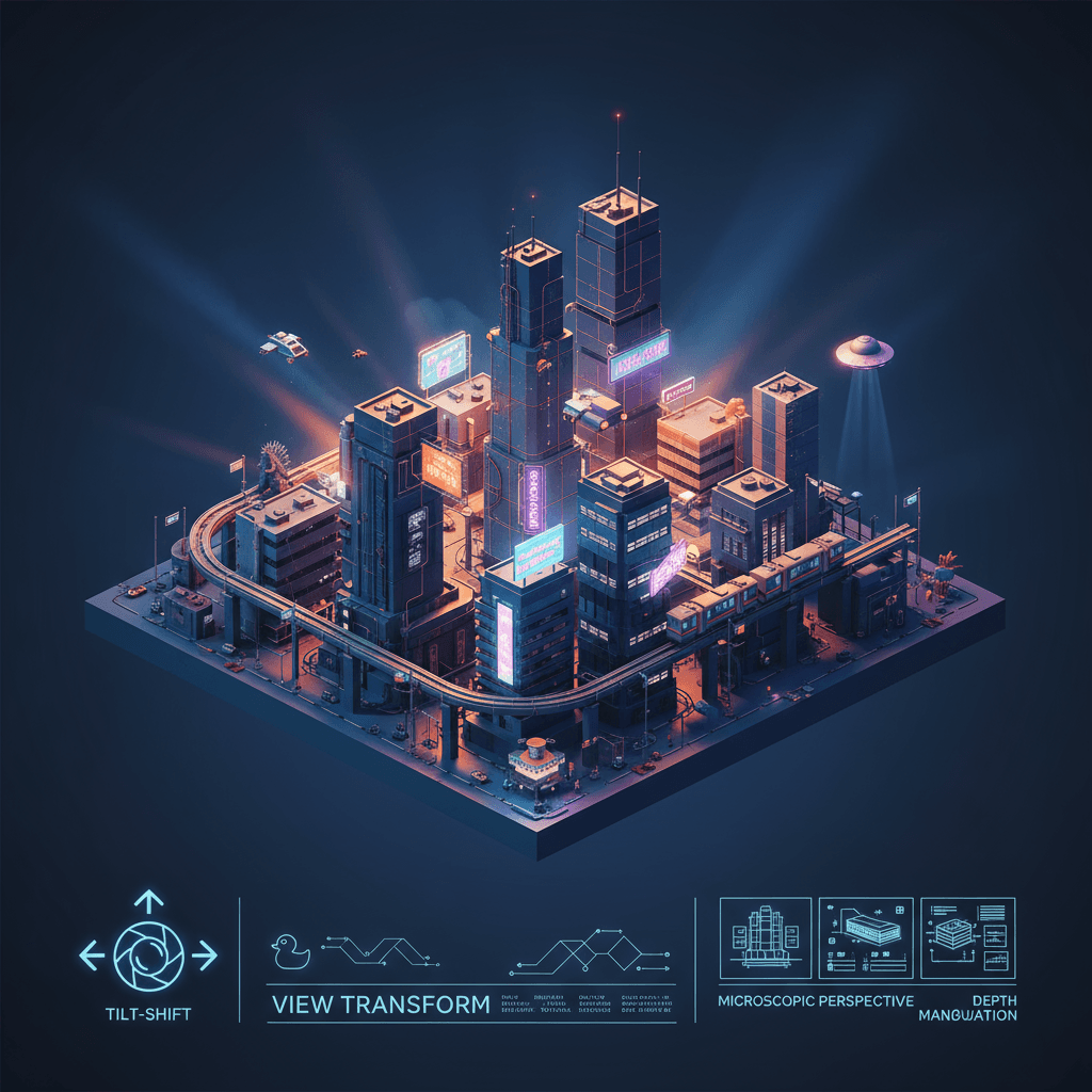 틸트-쉬프트 효과를 사용하여 세밀하게 제작된 미니어처 사이버펑크 풍경의 위에서 내려다본 모습으로, 생생한 색상과 극적인 조명을 보여줍니다.