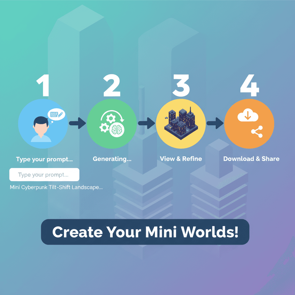 틸트-쉬프트 스타일의 미니어처 사이버펑크 풍경을 보여주는 AI 도구의 사용 단계로, 용이성과 시각적 매력을 강조합니다.