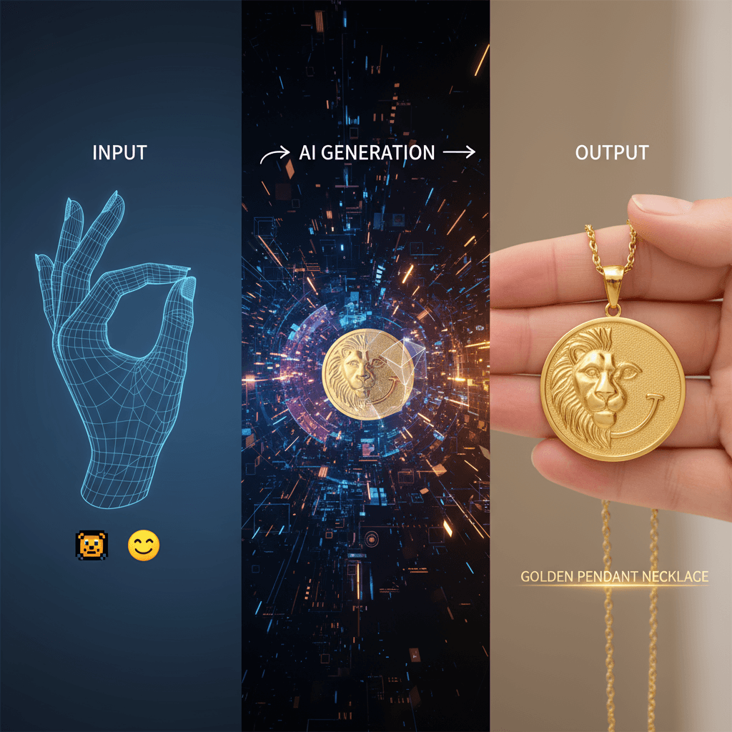 Primer plano fotorrealista de un collar de colgante dorado sostenido por la mano de una mujer, mostrando un diseño en relieve, generación de IA, tr…