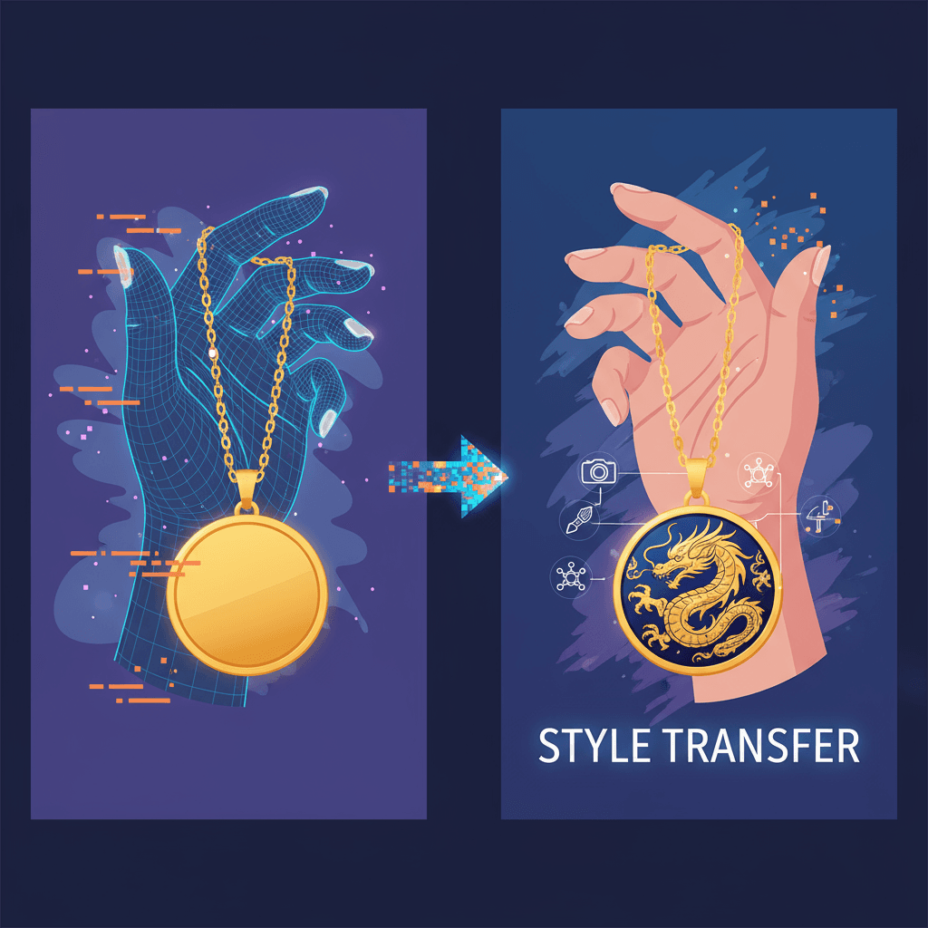 Primer plano fotorrealista de un collar de colgante dorado sostenido por la mano de una mujer, mostrando un diseño intrincado. Transferencia de est…