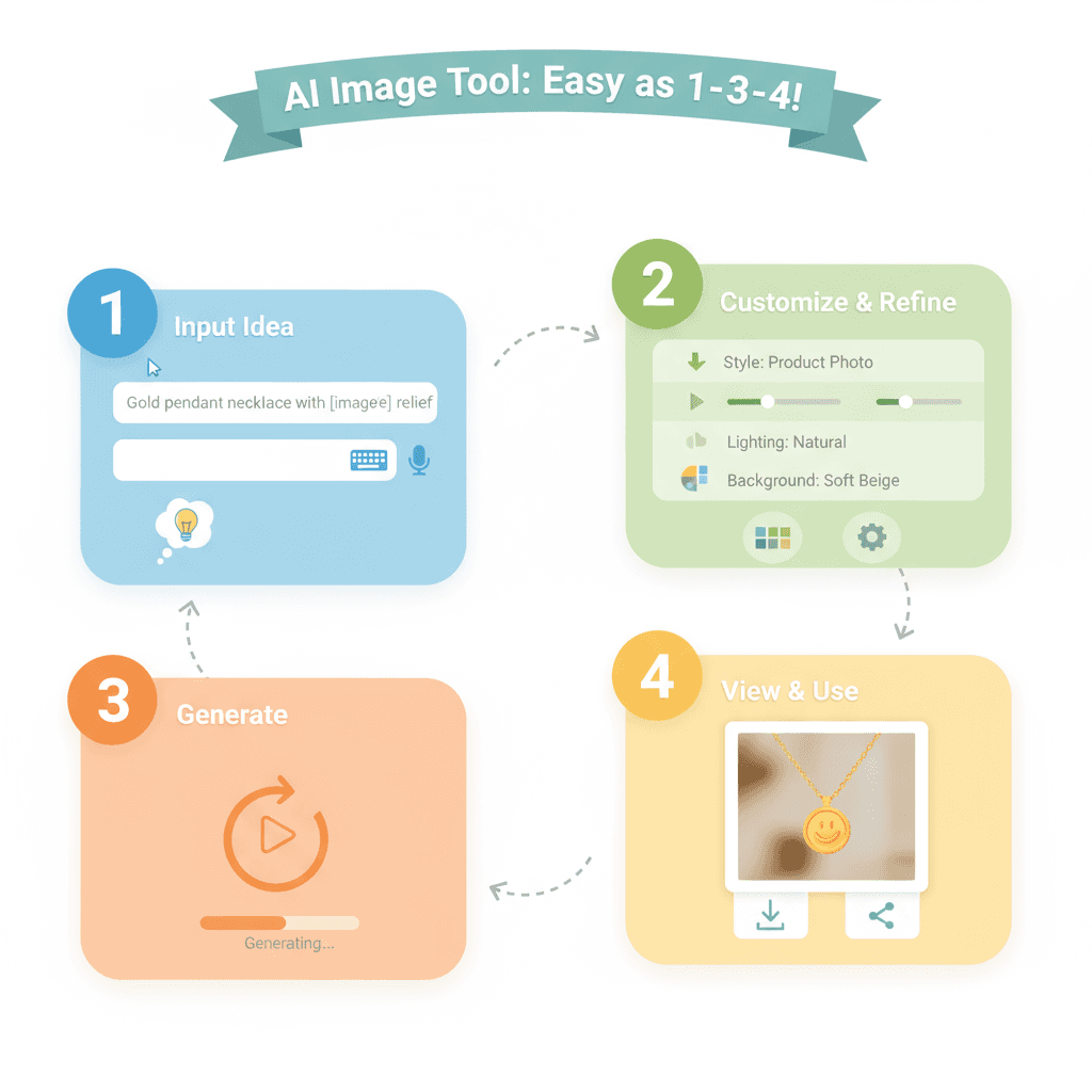 Primer plano de una mujer sosteniendo un collar de colgante dorado, ilustrando los pasos de uso para esta herramienta de IA en el estilismo de joye…