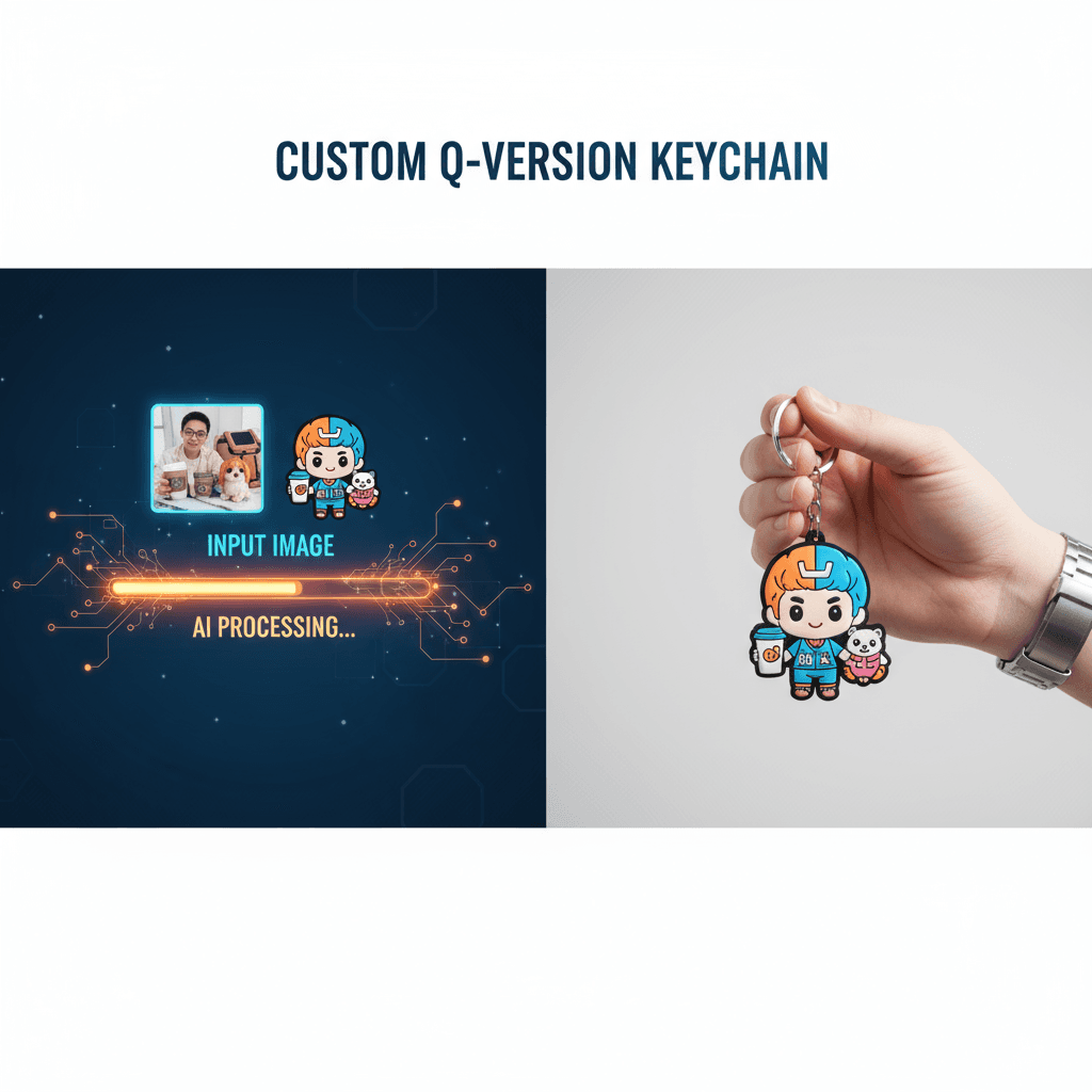 Porte-clés Chibi Personnalisé : Gros plan d'un porte-clés en style chibi coloré, caoutchouc souple, anneau en argent, génération AI.