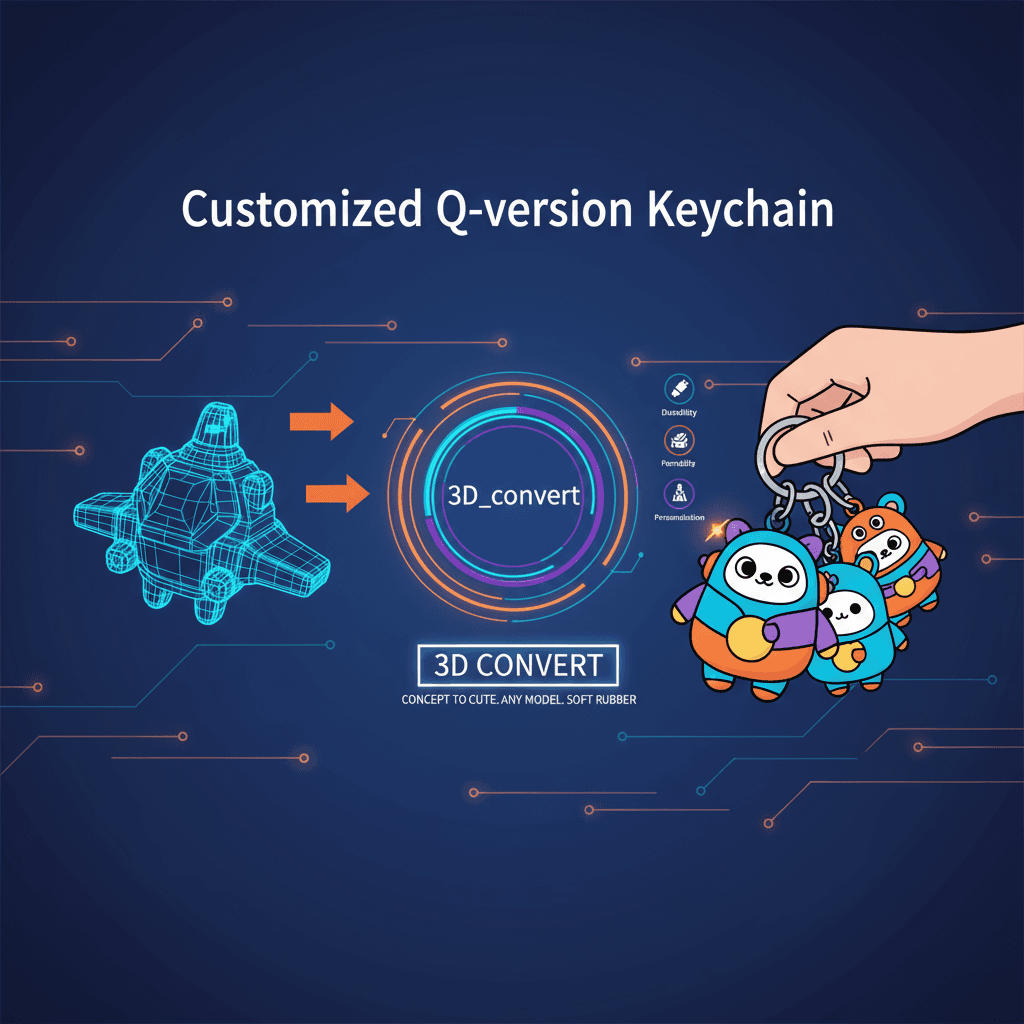Gros plan d'un porte-clés chibi coloré dans une main, montrant le design 3D pour la création de porte-clés personnalisés utilisant l'IA.