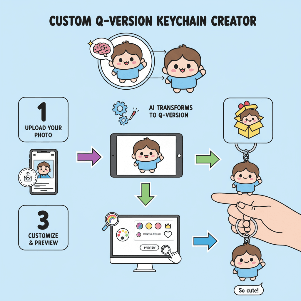 Gros plan d'un porte-clés chibi coloré dans une main, illustrant les étapes d'utilisation pour un outil AI dans la catégorie de design de porte-clés.