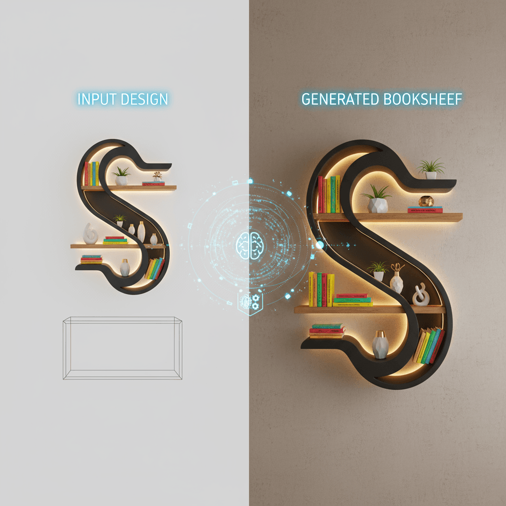 로고에서 영감을 받은 창의적인 책장은 곡선, LED 조명, 나무 선반이 있는 현대적인 디자인을 특징으로 하며, AI 생성의 창의성을 보여줍니다.