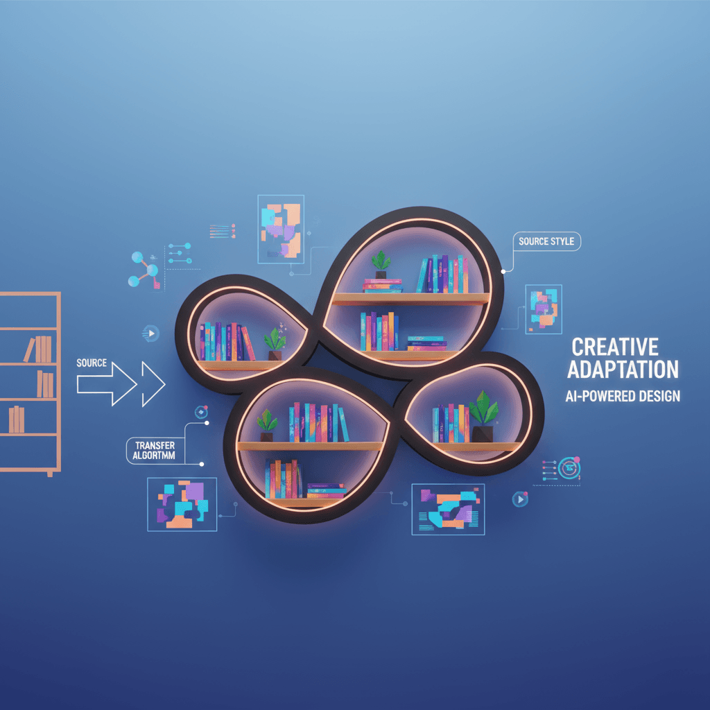 로고에서 영감을 받은 예술적인 책장, 곡선 금속 디자인, 나무 선반, 따뜻한 LED 조명이 특징입니다. AI 스타일 전환 애플리케이션입니다.