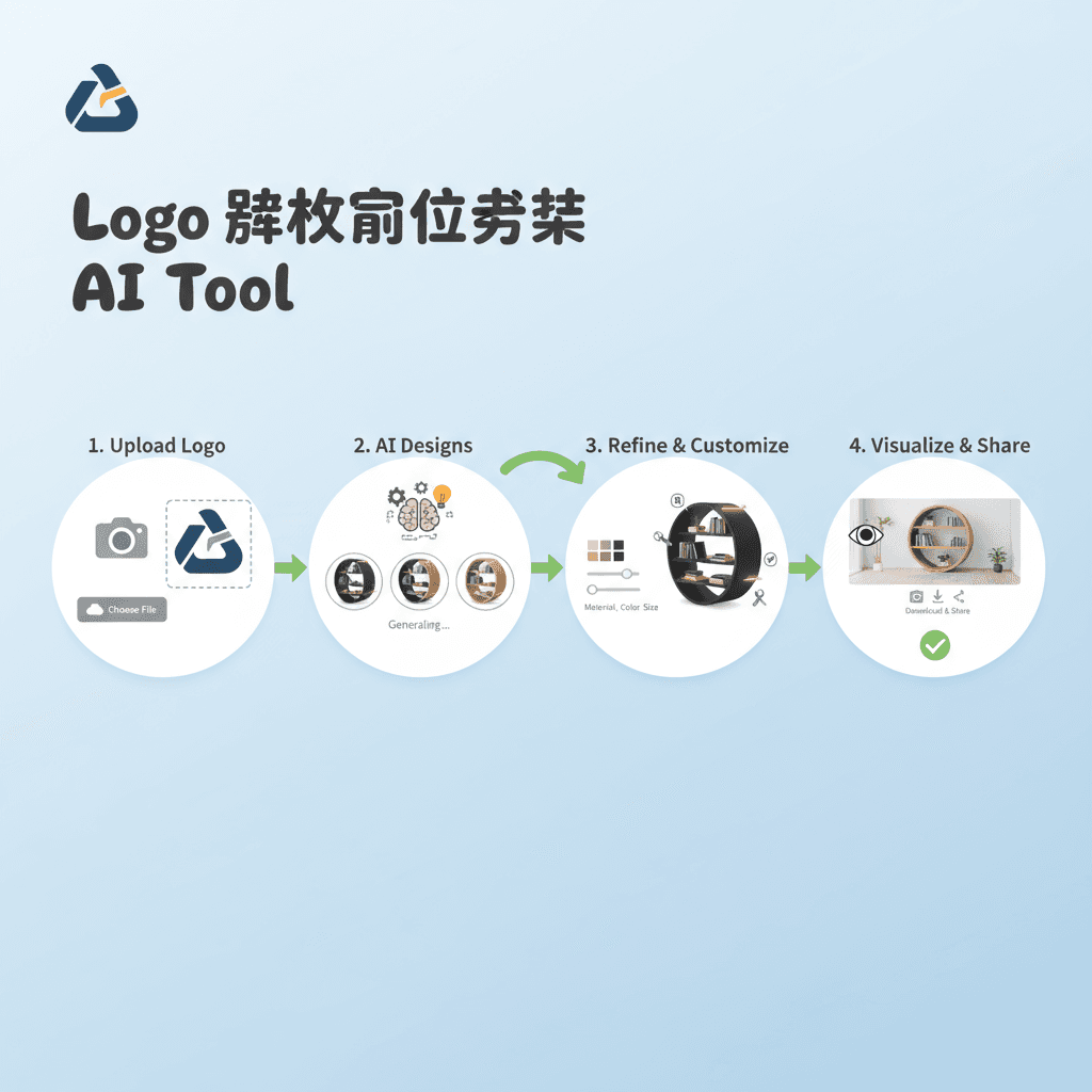 "로고에서 영감을 받은 책장 디자인을 보여주는 AI 도구의 사용 단계로, 창의성과 우아함을 촉진합니다."
