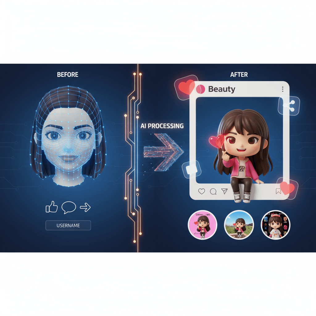 "Fusi Bingkai Media Sosial: Karakter chibi 3D yang dihasilkan AI dengan hati jari, bertengger di bingkai Instagram raksasa, nama pengguna 'Beauty'."