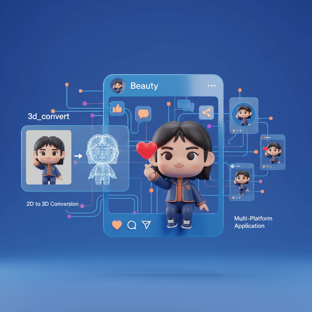 Karakter chibi 3D membuat hati jari, bertengger di bingkai Instagram dengan ikon media sosial, menampilkan fusi seni AI.