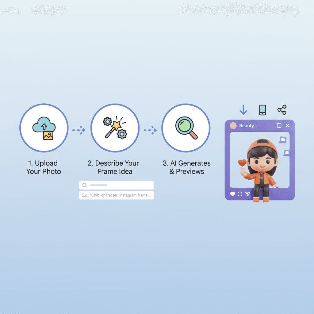 "Langkah penggunaan untuk alat AI: Buat karakter chibi 3D yang ceria dalam bingkai Instagram, menunjukkan kemudahan penggunaan dan desain yang meny…