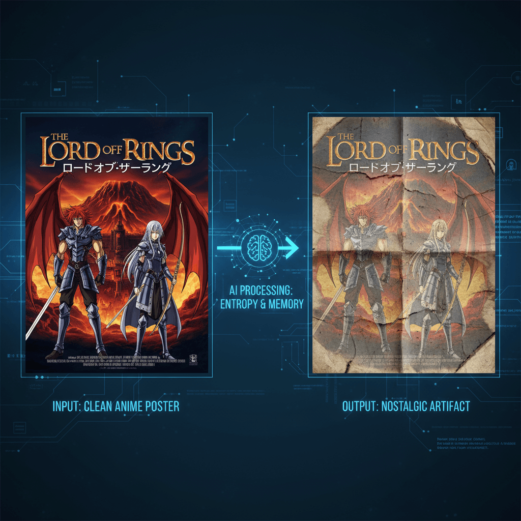 Póster de película de estilo anime nostálgico: generación de IA de un póster desgastado al estilo de high school DXD de LOTR, evocando recuerdos at…