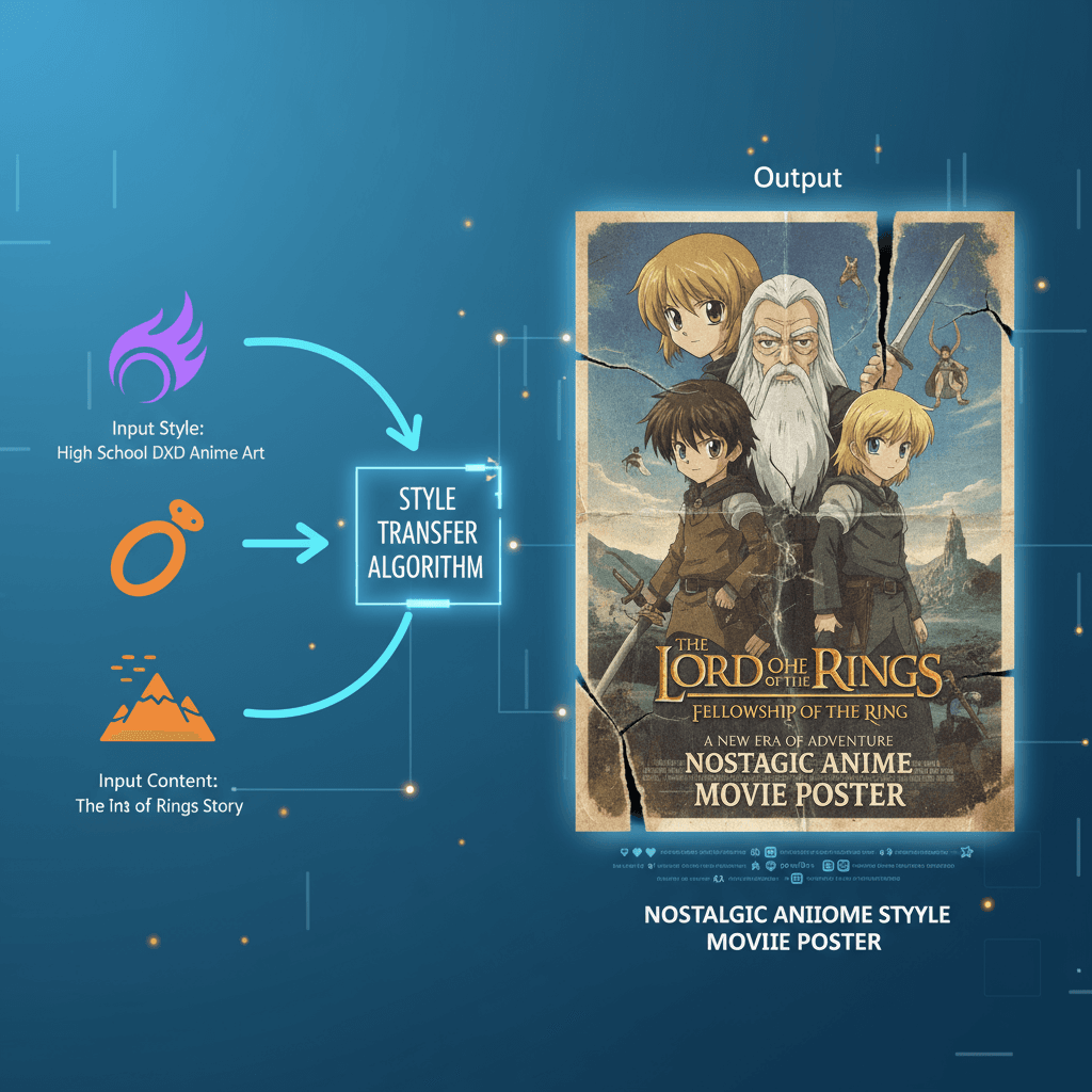 Póster de película de anime generado por IA, estilizado como "El Señor de los Anillos" con un toque de "High School DXD", mostrando desgaste y recu…