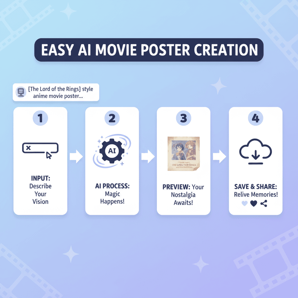 Pasos de uso para crear un póster de película de estilo anime nostálgico con una herramienta de IA, destacando la facilidad de uso y la conexión em…