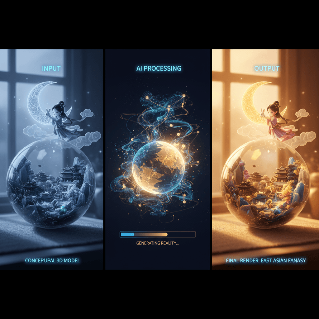 Kristallkugel-Geschichte Szene: KI-generierte 3D-Welt von Chang’e, die zum Mond fliegt, in einer leuchtenden Kristallkugel auf einem warmen Tisch.