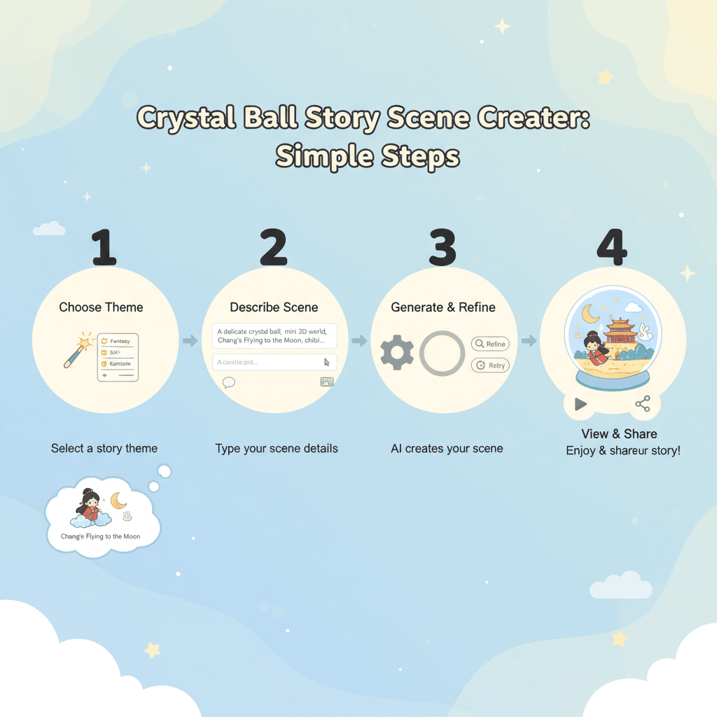 "Nutzungsanleitung für das KI-Tool der Kristallkugel-Geschichte Szene: mühelos bezaubernde Erzählungen mit einem magischen ostasiatischen Thema ers…
