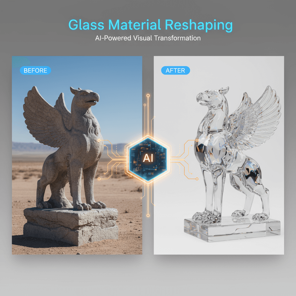 Restructuration de matériau en verre photoréaliste par IA : objet en verre retexturé avec un éclairage doux, centré sur un fond blanc uni.