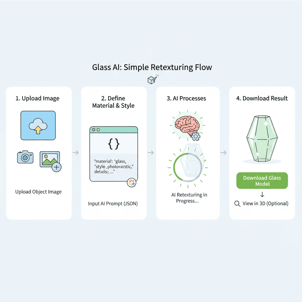 Étapes d'utilisation d'un outil IA dans le processus de restructuration de matériau en verre, montrant la facilité et les conseils dans un diagramm…
