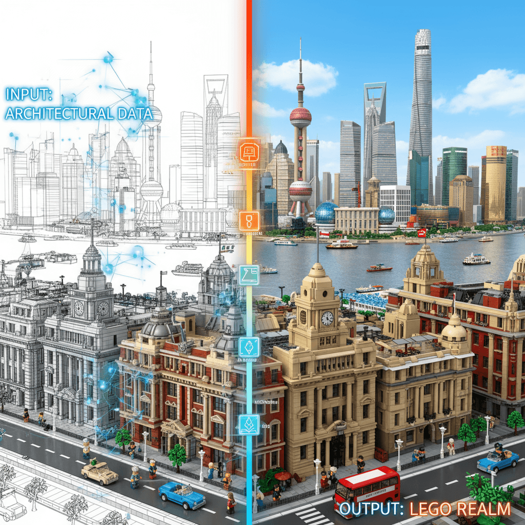 Pemandangan Kota LEGO menciptakan Shanghai Bund LEGO yang hidup dengan bangunan bersejarah yang detail, minifigur, dan gedung pencakar langit ikoni…
