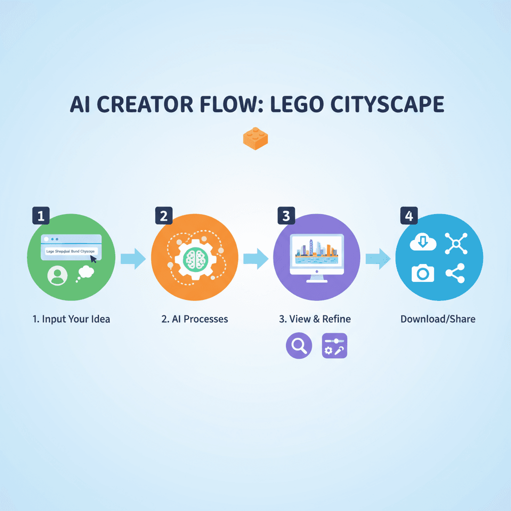 Diagram alur kerja Pemandangan Kota LEGO yang berwarna-warni menunjukkan langkah-langkah penggunaan untuk alat AI dalam menciptakan adegan Shanghai…