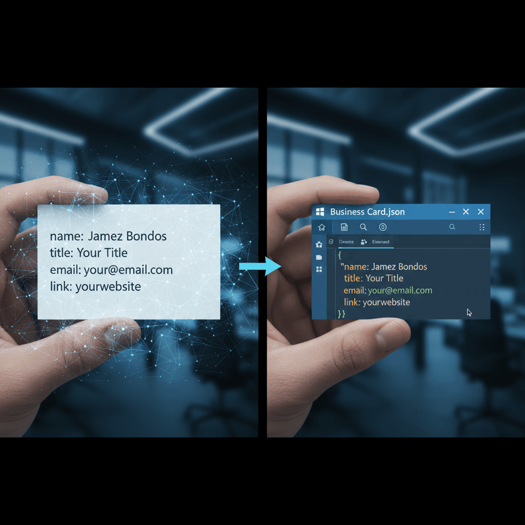 Gros plan d'une main tenant une carte de visite au style JSON dans VS Code, mettant en avant la génération AI et la coloration syntaxique.