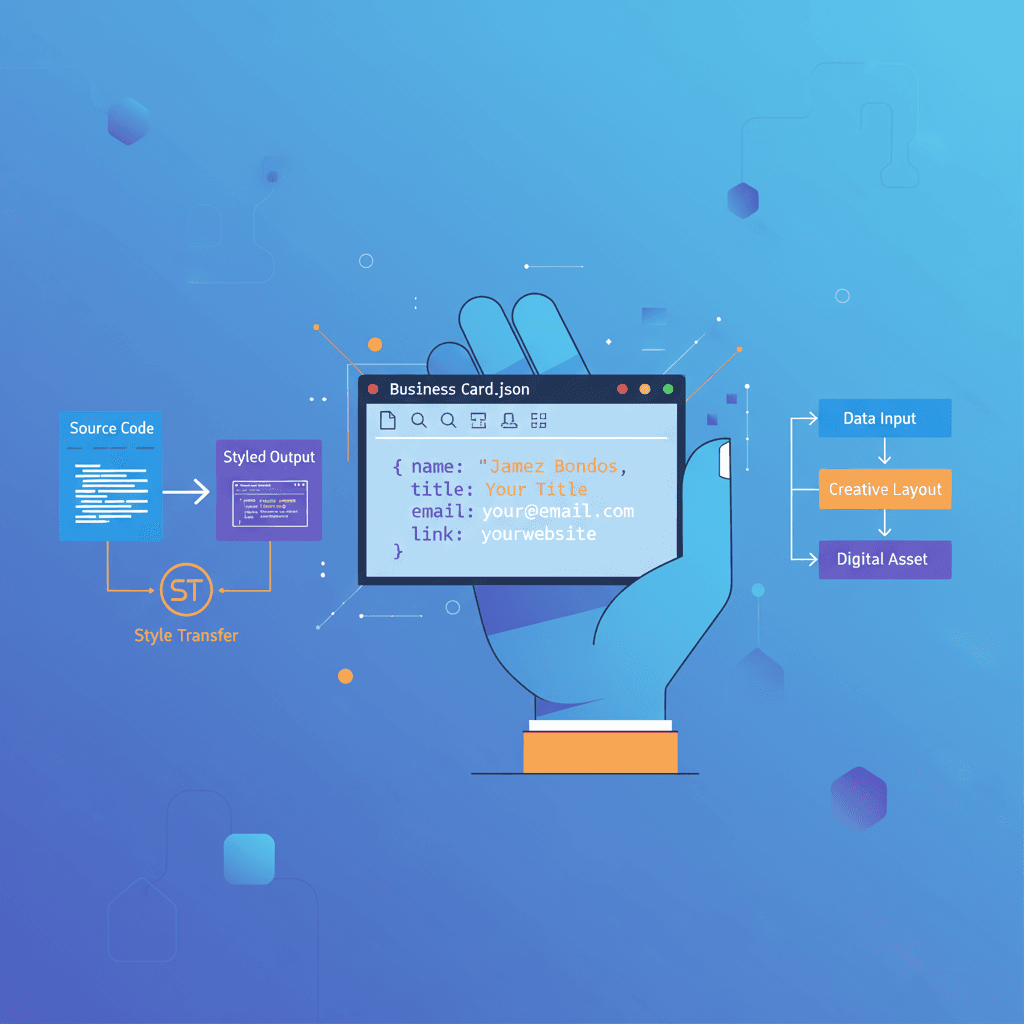 Gros plan d'une main tenant une carte de visite au style JSON dans VS Code, mettant en avant le transfert de style de l'IA pour des designs uniques.