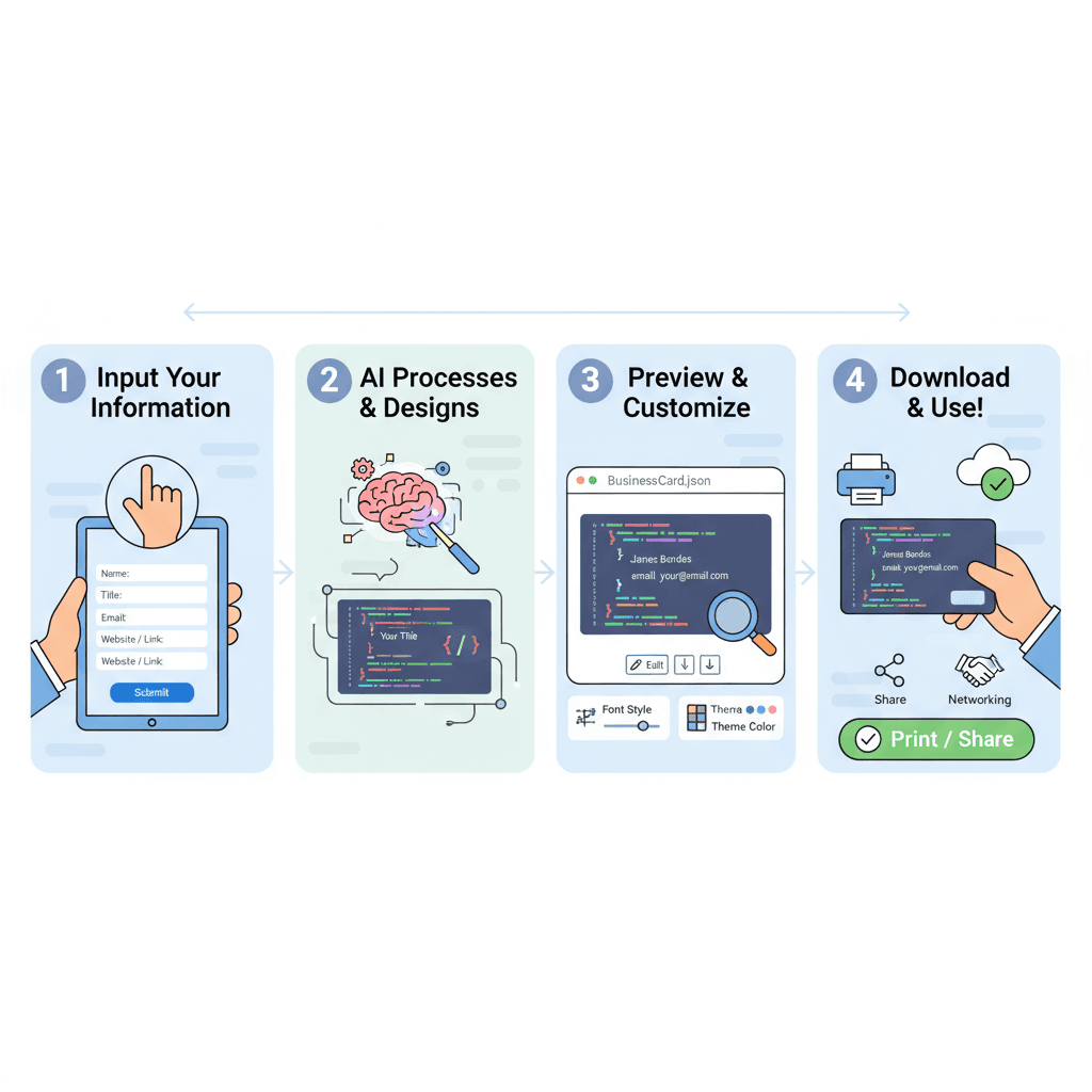 Gros plan d'une main tenant une carte de visite au style JSON, montrant les étapes d'utilisation d'un outil AI dans une interface conviviale.