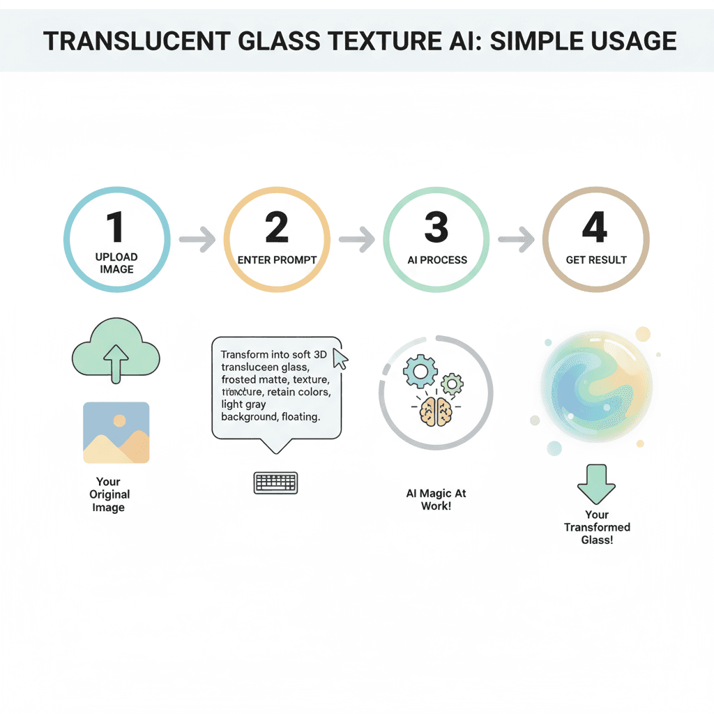 Étapes d'utilisation pour un outil IA pour transformer des images en textures de verre translucide 3D douces avec une finition mate.