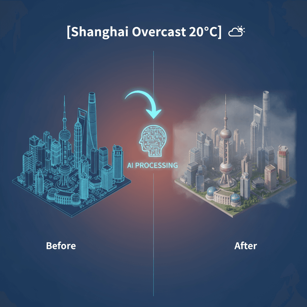 Stadtbezogene Wettervorhersage: KI-generiertes isometrisches Modell von Shanghai mit Wahrzeichen und sanften bewölkten Wettereffekten.
