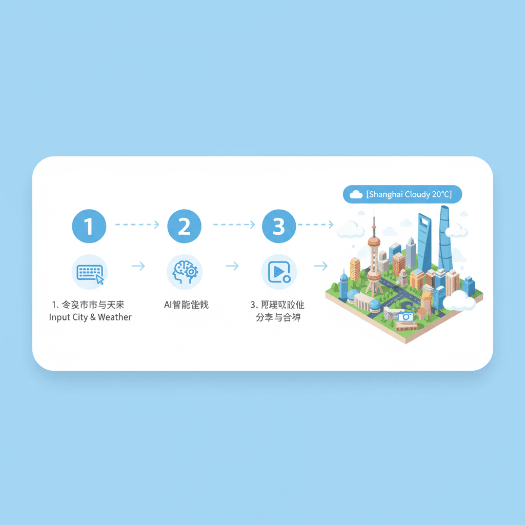 "Diagramm des Arbeitsablaufs zur stadtbezogenen Wettervorhersage, das die Nutzungsschritte für ein KI-Tool zeigt und die Benutzerfreundlichkeit und…
