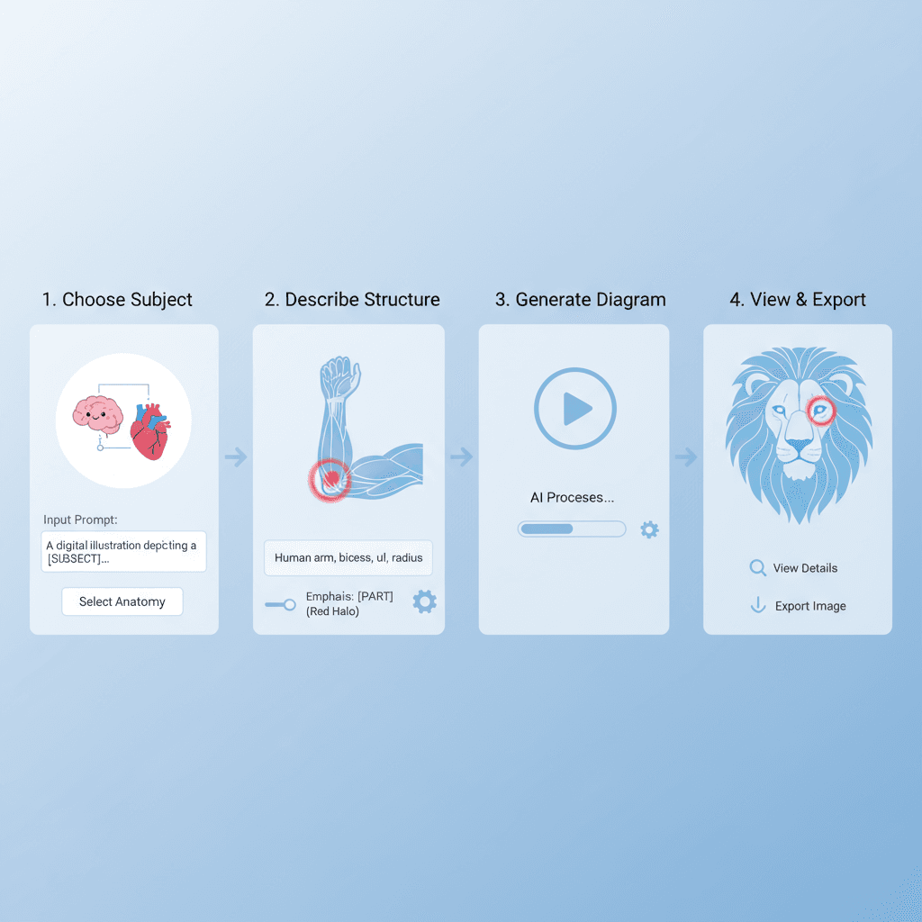 "Diagramme de flux illustrant les étapes d'utilisation d'un outil d'IA, présentant des lignes bleues lumineuses et une partie rouge mise en évidenc…