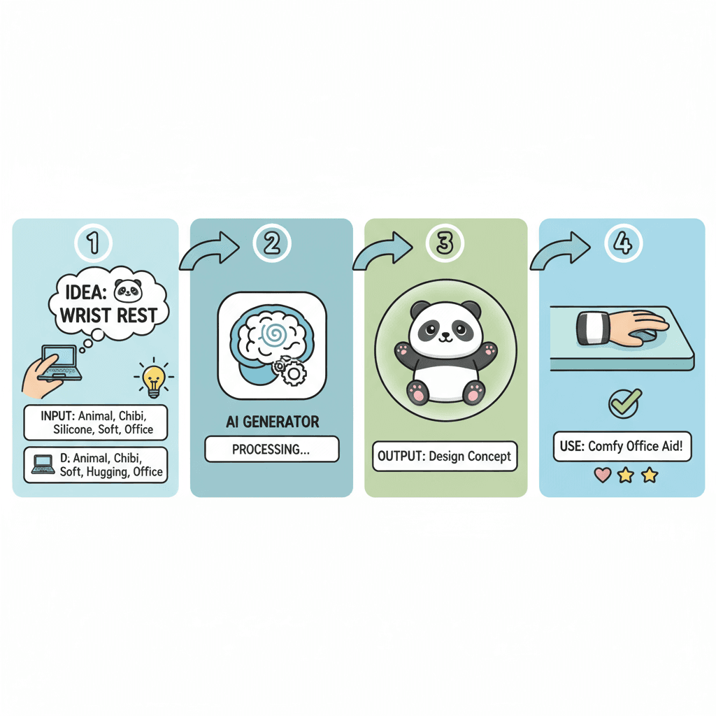 Reposamuñecas de silicona de panda estilo chibi en una pose de abrazo, mostrando pasos de uso para comodidad y facilidad en entornos de oficina. He…