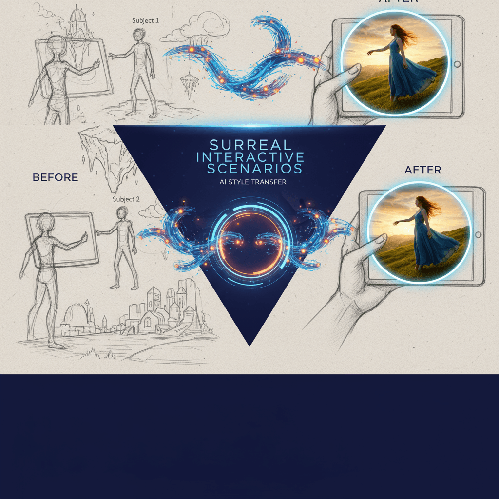 Surreale Interaktive Szene: KI-Generierung einer Bleistiftskizze mit buntem Subject 2, das im Kontrast zu handgezeichnetem Subject 1 und Hintergrun…