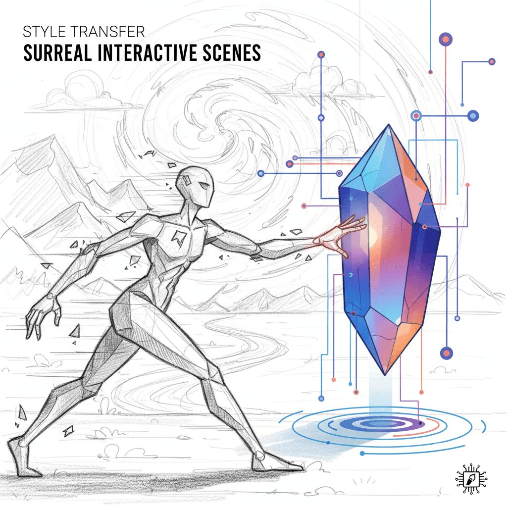 Bleistiftskizze einer surrealen Interaktionsszene; KI-Stiltransfer kontrastiert den bunten Subject 2 mit dem skizzierten Subject 1 und Hintergrund.
