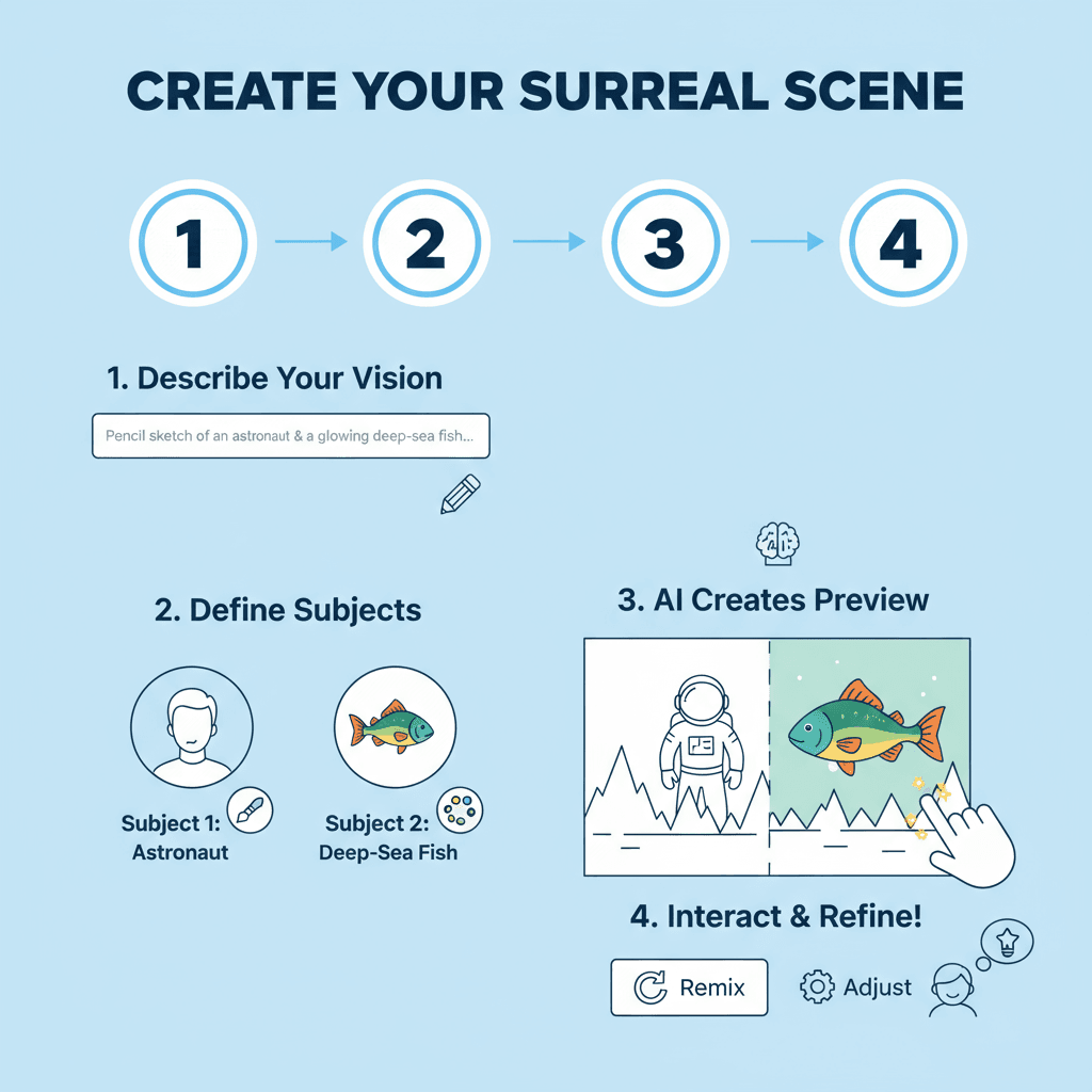 Nutzungsanweisungen für ein KI-Tool: Eine surreale Szene mit einer Bleistiftskizze von Subject 1 und einem bunten Subject 2, die die Interaktion le…