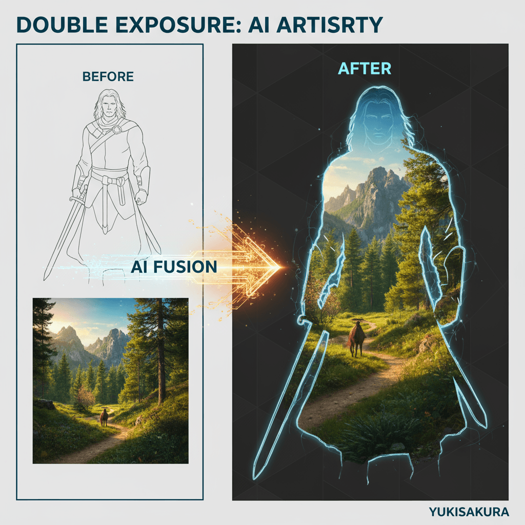 Double exposition par Midjourney : la génération IA fusionne la silhouette d'Aragorn avec les paysages vibrants de la Terre du Milieu, créant un ch…