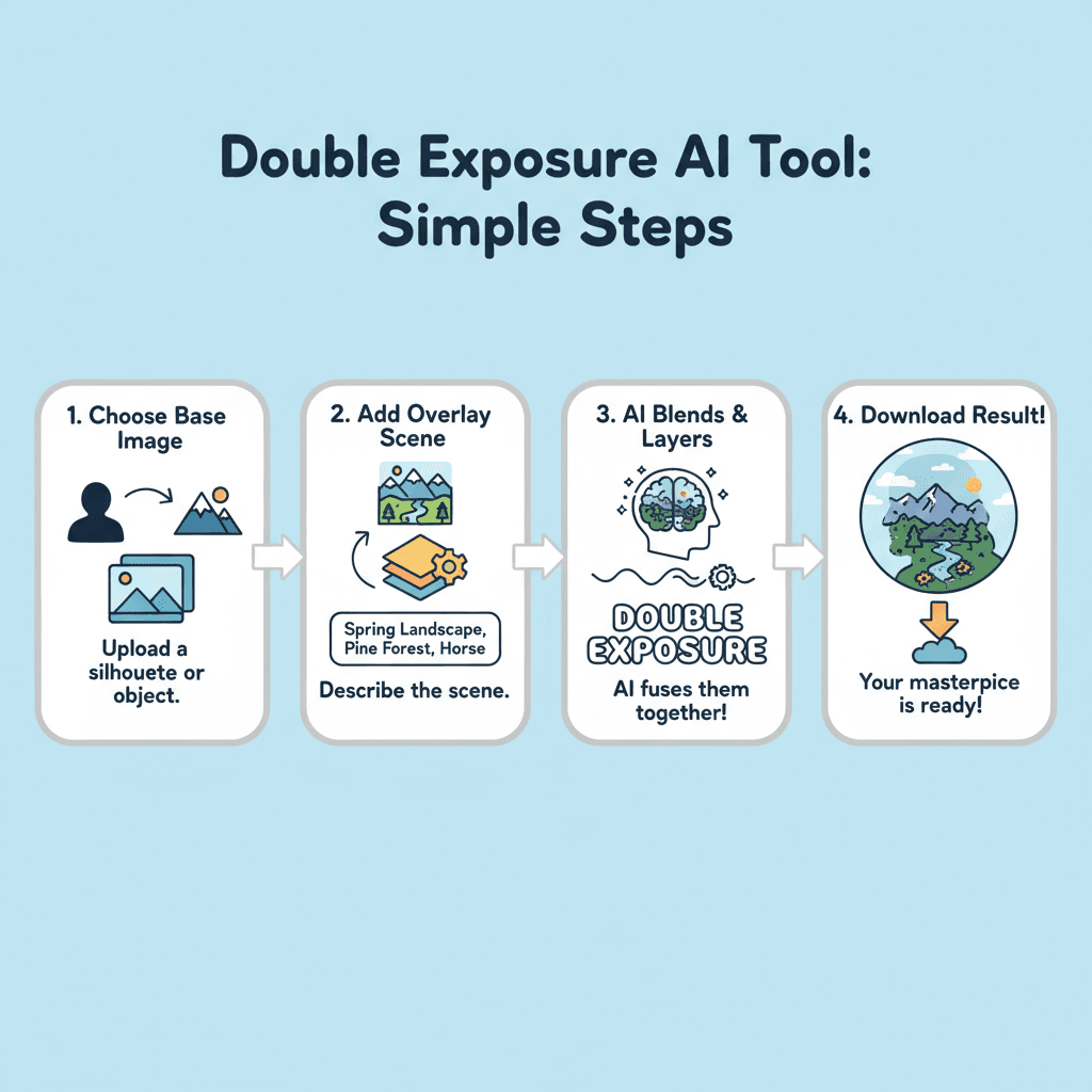 Étapes d'utilisation pour créer une image de double exposition vibrante avec un outil IA, mélangeant silhouettes et paysages sans effort.