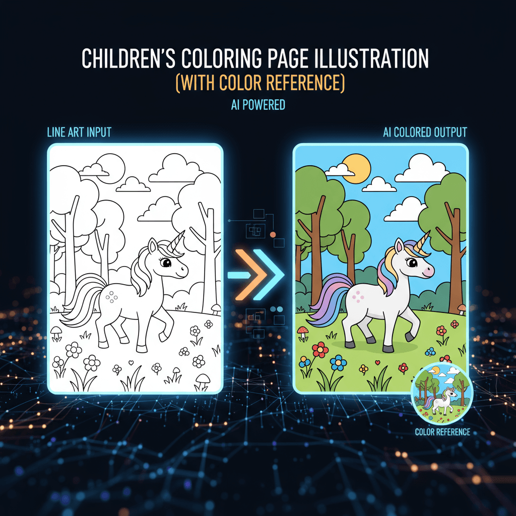 어린이 색칠 페이지 일러스트레이션: 색상 참조가 포함된 AI 생성 흑백 선화로 8.5x11 용지에서 쉽게 색칠할 수 있습니다.