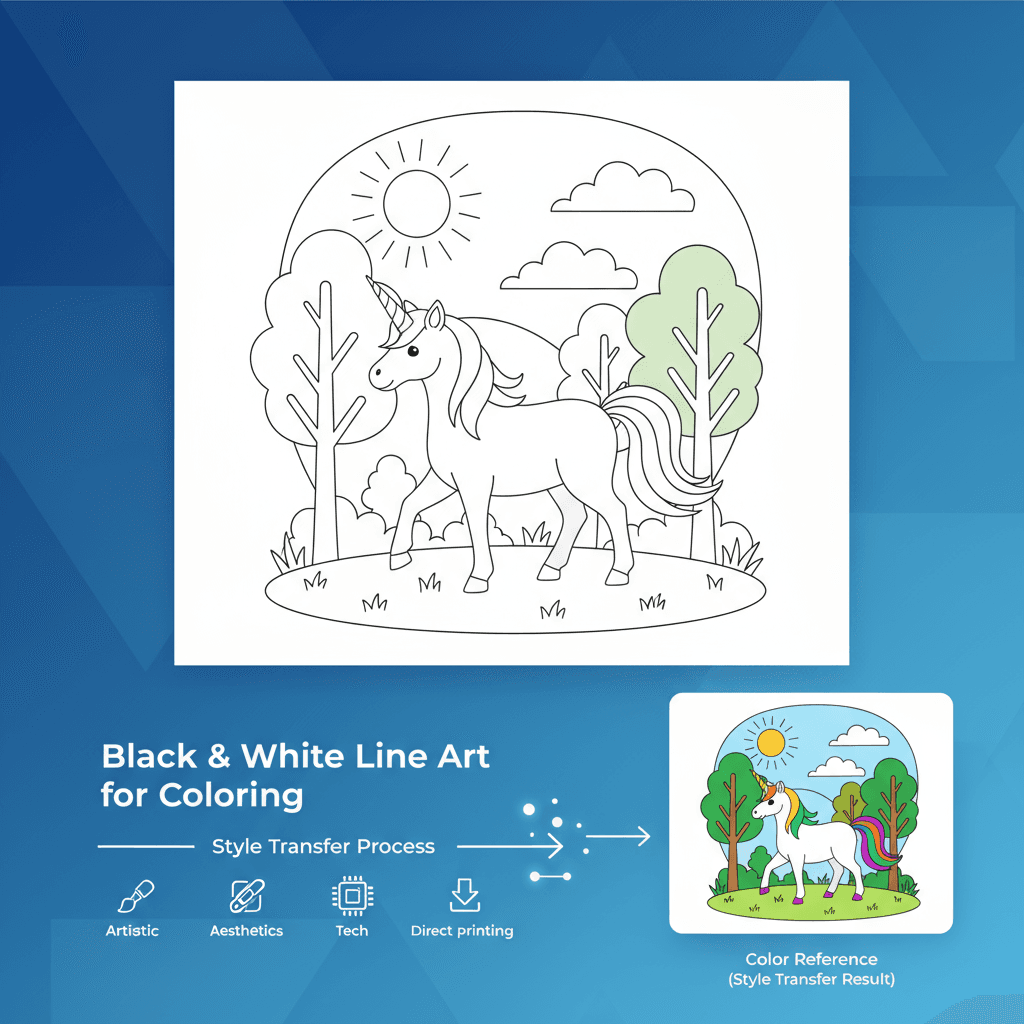 AI 스타일 전환을 사용하여 인쇄 및 색칠하기에 이상적인 색상 참조가 포함된 흑백 색칠 페이지 일러스트레이션입니다.