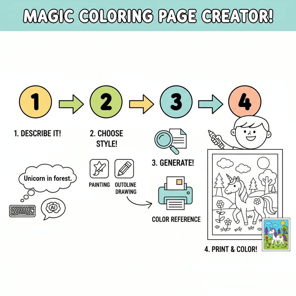 "AI 도구를 위한 워크플로우 다이어그램: 어린이 색칠 페이지, 참조 이미지로 쉽게 색칠하는 사용 단계."