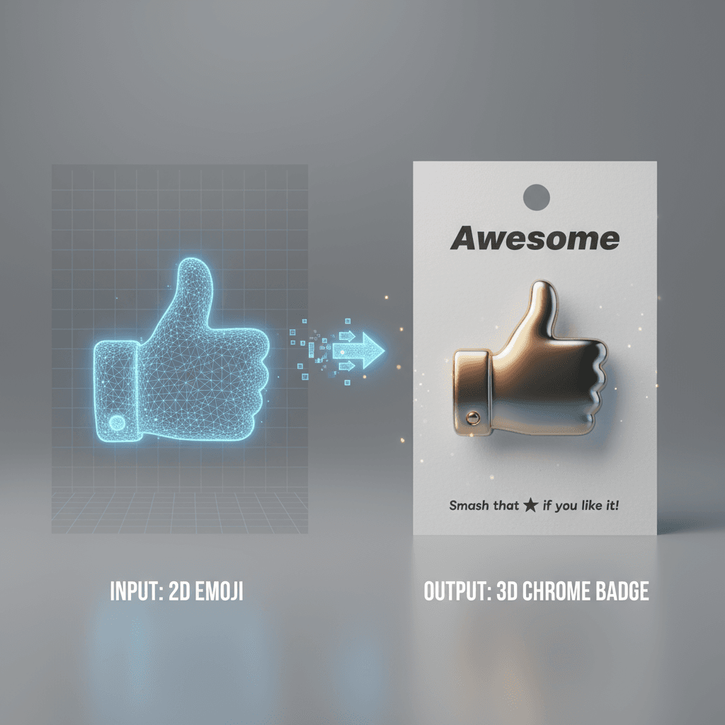Chrome絵文字バッジ:製品カード上の3D金属製サムズアップバッジで、スリークなデザイン、柔らかな反射、AI生成を特徴としています。