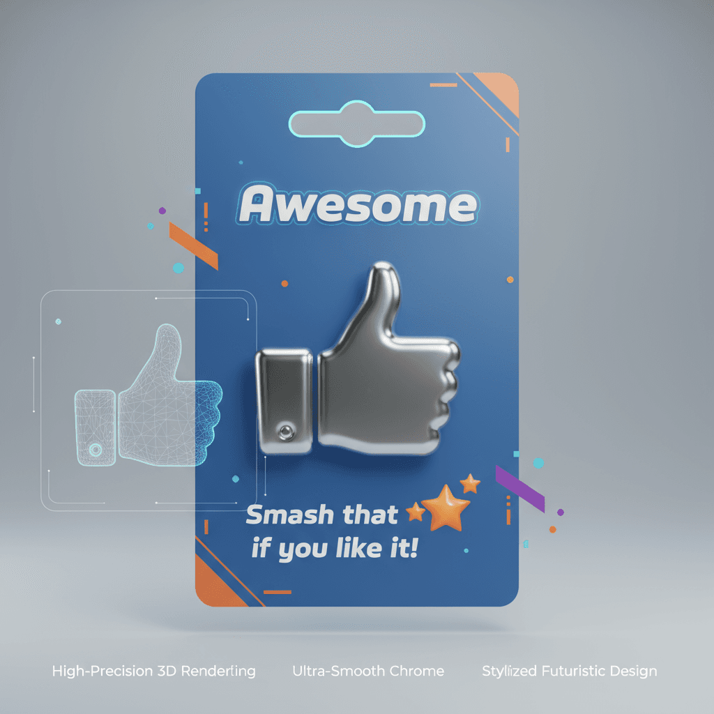 製品カード上のクロム絵文字バッジの3Dレンダリングで、マーケティングのためのスリークでモダンなデザインを作成するAIの精度を示しています。
