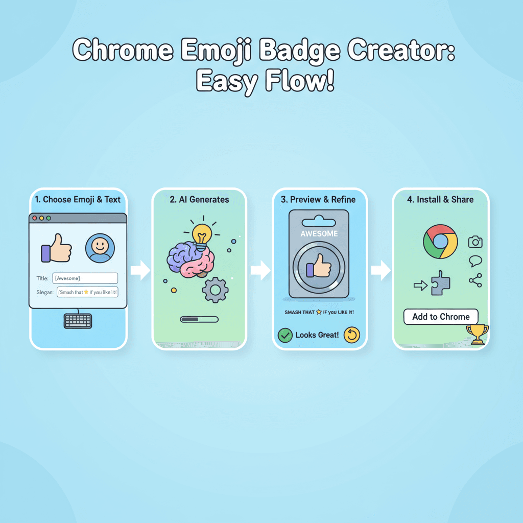 Chrome絵文字バッジを製品カードにフィーチャーしたAIツールの使用ワークフローダイアグラムで、ユーザーエンゲージメントのための簡単なステップを示しています。