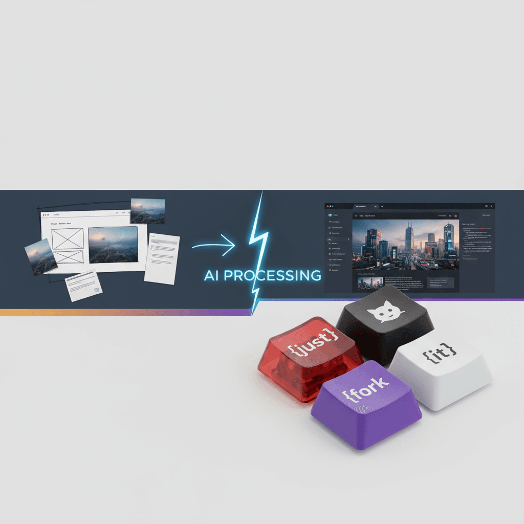 Rendu 3D ultra-réaliste de touches de clavier de marque : une grille de 2x2 avec {just}, {fork}, {it}, et des touches avec le logo Github, générati…