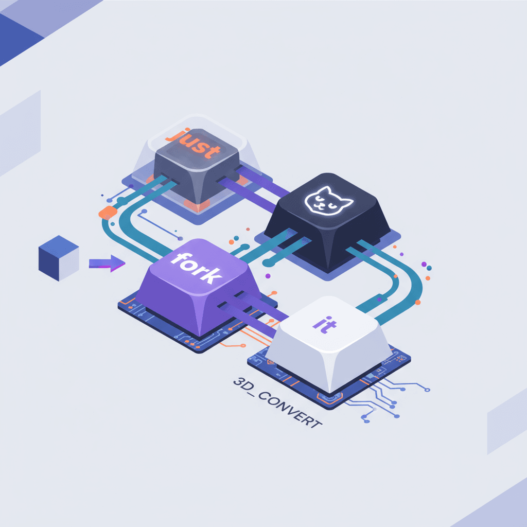 Rendu 3D de touches de clavier de marque : une touche transparente avec "{just}", des touches colorées avec le logo Github, "{fork}", et "{it}". Ap…