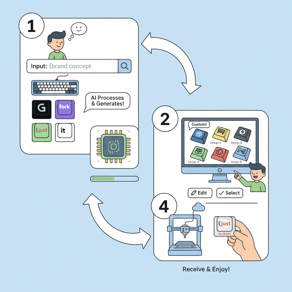 Étapes d'utilisation pour l'outil IA : un rendu 3D de touches de clavier de marque dans une grille de 2x2, montrant la facilité d'utilisation et la…