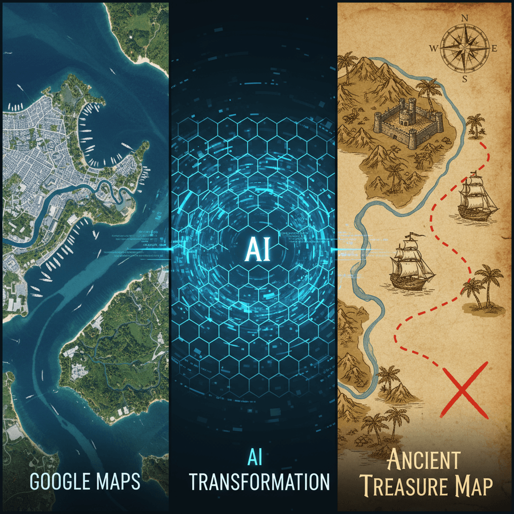 "Google Maps transformé en carte au trésor ancienne : génération IA d'une carte de style pirate avec des navires, des châteaux et un 'X' au trésor."