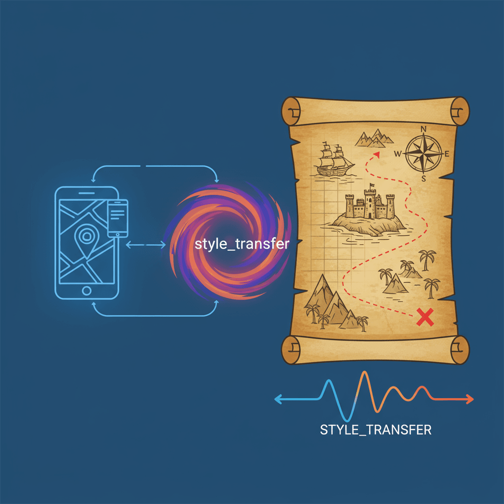 Illustration artistique de Google Maps en tant que carte au trésor ancienne, présentant des navires, des châteaux et un "X" au trésor.